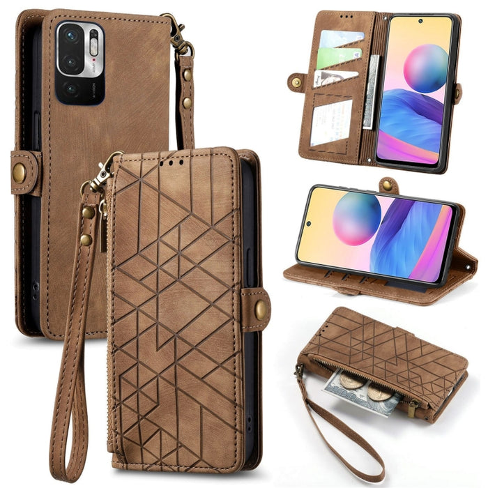 Estuche de teléfono de cuero con hebilla lateral de billetera con cremallera geométrica, For Xiaomi Redmi 12, For Xiaomi Redmi Note 12S, For Xiaomi Redmi Note 12 4G, For Redmi Note 12 Turbo, For Xiaomi Redmi Note 12 5G, For Xiaomi Redmi 12C            ...