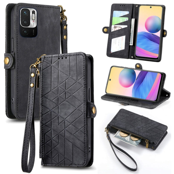 Estuche de teléfono de cuero con hebilla lateral de billetera con cremallera geométrica, For Xiaomi Redmi 12, For Xiaomi Redmi Note 12S, For Xiaomi Redmi Note 12 4G, For Redmi Note 12 Turbo, For Xiaomi Redmi Note 12 5G, For Xiaomi Redmi 12C            ...