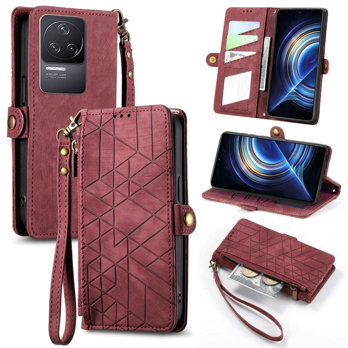 Estuche de teléfono de cuero con hebilla lateral de billetera con cremallera geométrica, For Xiaomi Redmi 12, For Xiaomi Redmi Note 12S, For Xiaomi Redmi Note 12 4G, For Redmi Note 12 Turbo, For Xiaomi Redmi Note 12 5G, For Xiaomi Redmi 12C            ...