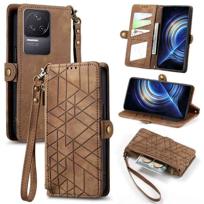 Estuche de teléfono de cuero con hebilla lateral de billetera con cremallera geométrica, For Xiaomi Redmi 12, For Xiaomi Redmi Note 12S, For Xiaomi Redmi Note 12 4G, For Redmi Note 12 Turbo, For Xiaomi Redmi Note 12 5G, For Xiaomi Redmi 12C            ...