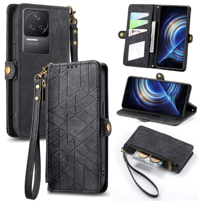 Estuche de teléfono de cuero con hebilla lateral de billetera con cremallera geométrica, For Xiaomi Redmi 12, For Xiaomi Redmi Note 12S, For Xiaomi Redmi Note 12 4G, For Redmi Note 12 Turbo, For Xiaomi Redmi Note 12 5G, For Xiaomi Redmi 12C            ...