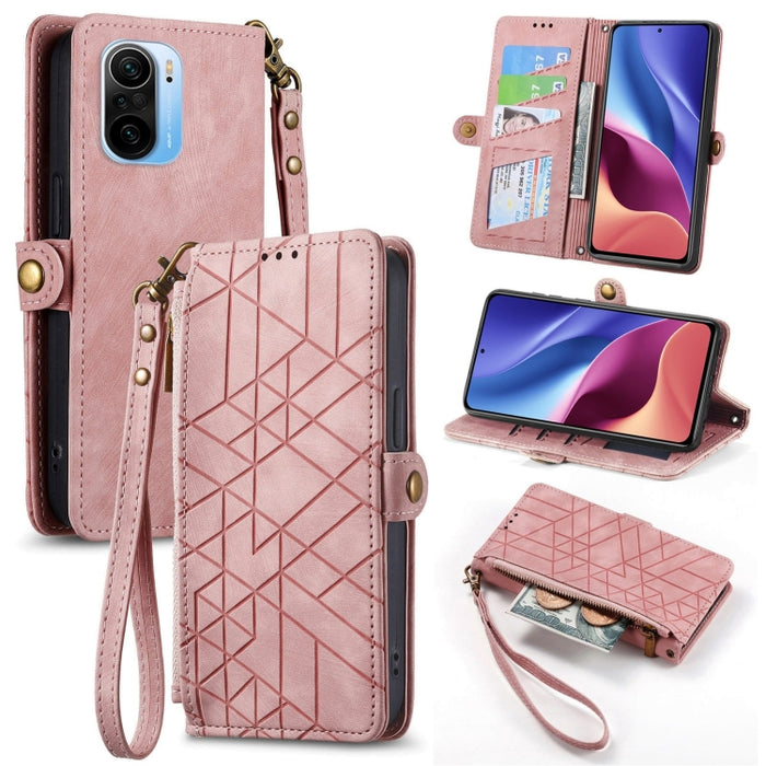 Estuche de teléfono de cuero con hebilla lateral de billetera con cremallera geométrica, For Xiaomi Redmi K40, For Xiaomi Redmi Note 9 4G, For Xiaomi Redmi 9A, For Xiaomi Redmi 9, For Xiaomi Redmi 9C, For Xiaomi Redmi Note 9, For Xiaomi Redmi K30 Pro  ...