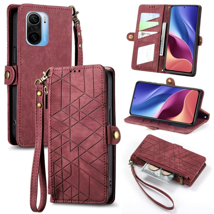 Estuche de teléfono de cuero con hebilla lateral de billetera con cremallera geométrica, For Xiaomi Redmi K40, For Xiaomi Redmi Note 9 4G, For Xiaomi Redmi 9A, For Xiaomi Redmi 9, For Xiaomi Redmi 9C, For Xiaomi Redmi Note 9, For Xiaomi Redmi K30 Pro  ...