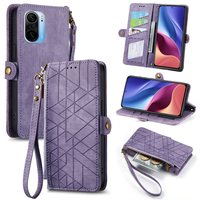 Estuche de teléfono de cuero con hebilla lateral de billetera con cremallera geométrica, For Xiaomi Redmi K40, For Xiaomi Redmi Note 9 4G, For Xiaomi Redmi 9A, For Xiaomi Redmi 9, For Xiaomi Redmi 9C, For Xiaomi Redmi Note 9, For Xiaomi Redmi K30 Pro  ...