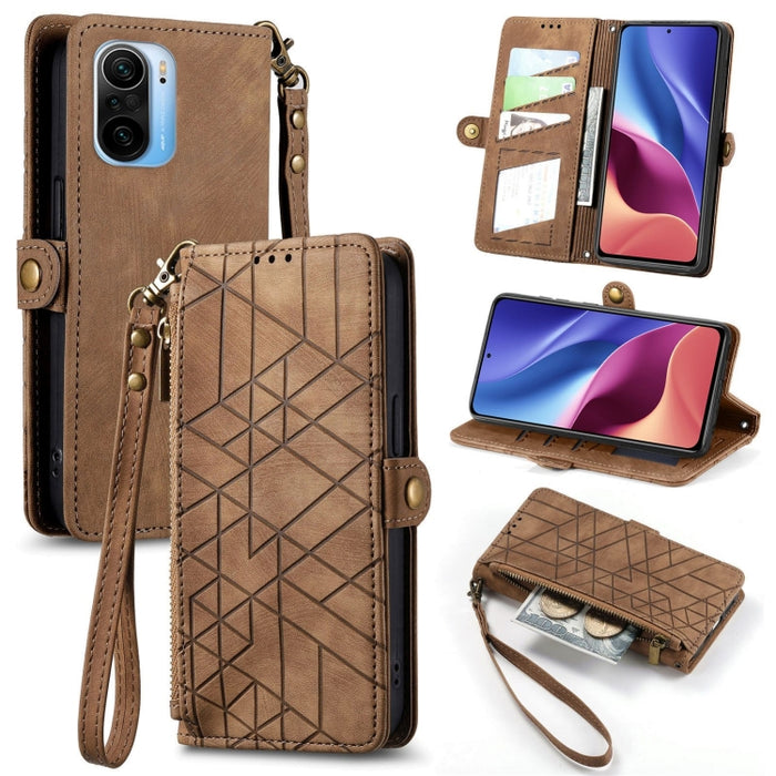 Estuche de teléfono de cuero con hebilla lateral de billetera con cremallera geométrica, For Xiaomi Redmi K40, For Xiaomi Redmi Note 9 4G, For Xiaomi Redmi 9A, For Xiaomi Redmi 9, For Xiaomi Redmi 9C, For Xiaomi Redmi Note 9, For Xiaomi Redmi K30 Pro  ...