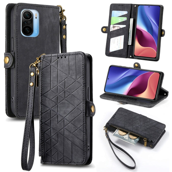 Estuche de teléfono de cuero con hebilla lateral de billetera con cremallera geométrica, For Xiaomi Redmi K40, For Xiaomi Redmi Note 9 4G, For Xiaomi Redmi 9A, For Xiaomi Redmi 9, For Xiaomi Redmi 9C, For Xiaomi Redmi Note 9, For Xiaomi Redmi K30 Pro  ...