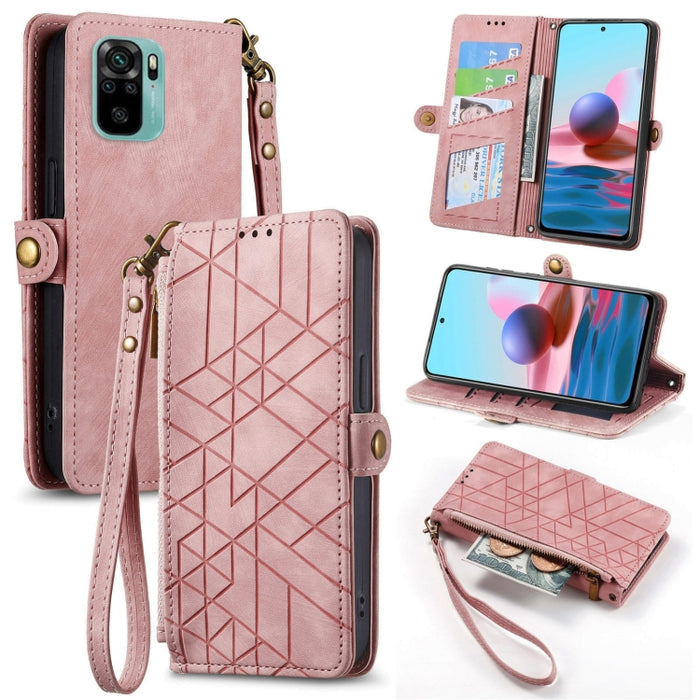 Estuche de teléfono de cuero con hebilla lateral de billetera con cremallera geométrica, For Xiaomi Redmi 12, For Xiaomi Redmi Note 12S, For Xiaomi Redmi Note 12 4G, For Redmi Note 12 Turbo, For Xiaomi Redmi Note 12 5G, For Xiaomi Redmi 12C            ...
