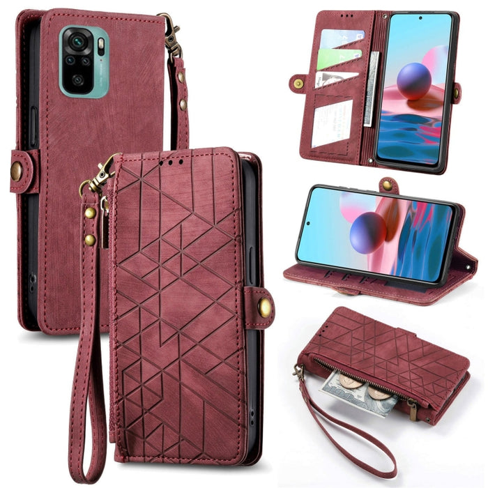 Estuche de teléfono de cuero con hebilla lateral de billetera con cremallera geométrica, For Xiaomi Redmi 12, For Xiaomi Redmi Note 12S, For Xiaomi Redmi Note 12 4G, For Redmi Note 12 Turbo, For Xiaomi Redmi Note 12 5G, For Xiaomi Redmi 12C            ...