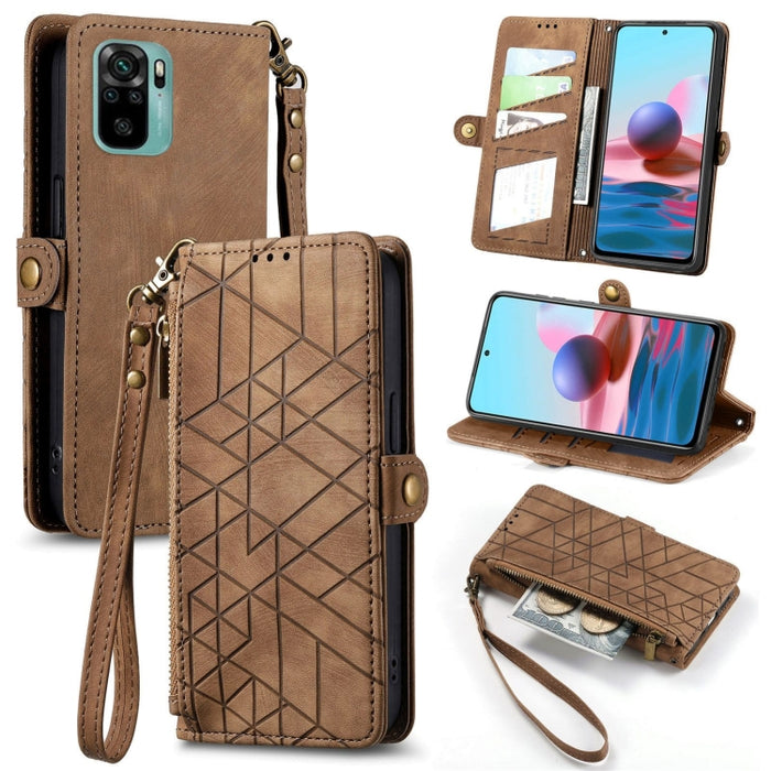 Estuche de teléfono de cuero con hebilla lateral de billetera con cremallera geométrica, For Xiaomi Redmi 12, For Xiaomi Redmi Note 12S, For Xiaomi Redmi Note 12 4G, For Redmi Note 12 Turbo, For Xiaomi Redmi Note 12 5G, For Xiaomi Redmi 12C            ...