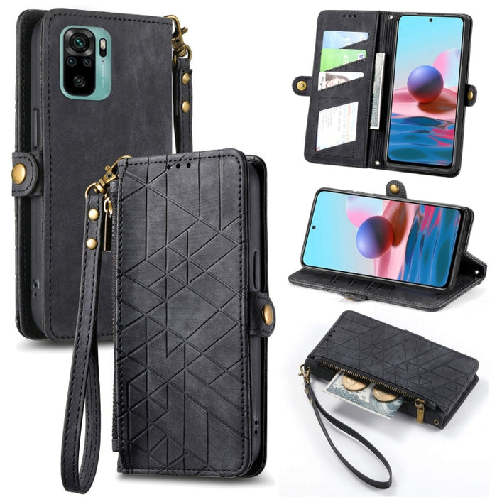 Estuche de teléfono de cuero con hebilla lateral de billetera con cremallera geométrica, For Xiaomi Redmi 12, For Xiaomi Redmi Note 12S, For Xiaomi Redmi Note 12 4G, For Redmi Note 12 Turbo, For Xiaomi Redmi Note 12 5G, For Xiaomi Redmi 12C            ...