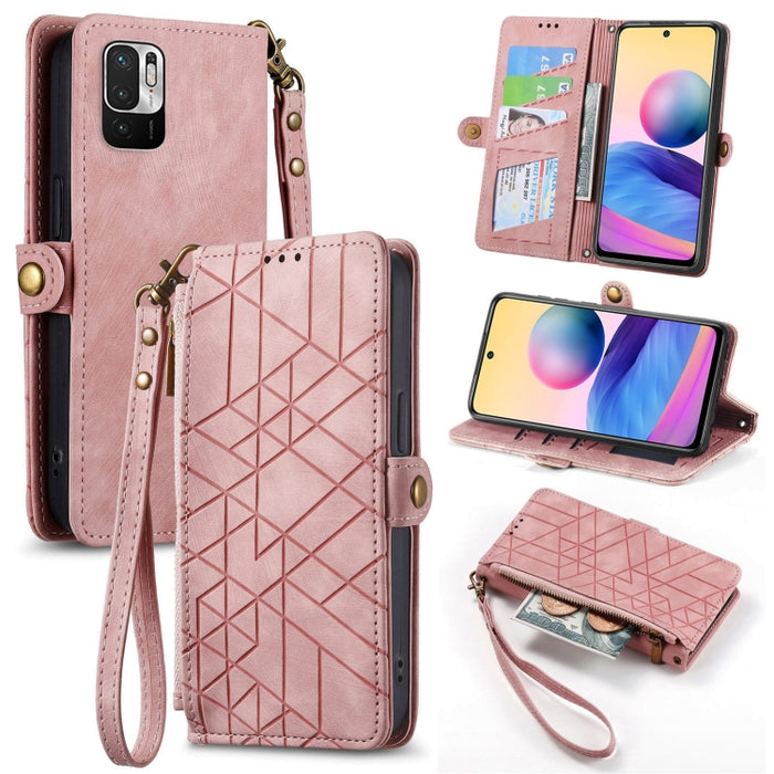 Estuche de teléfono de cuero con hebilla lateral de billetera con cremallera geométrica, For Xiaomi Redmi 12, For Xiaomi Redmi Note 12S, For Xiaomi Redmi Note 12 4G, For Redmi Note 12 Turbo, For Xiaomi Redmi Note 12 5G, For Xiaomi Redmi 12C            ...