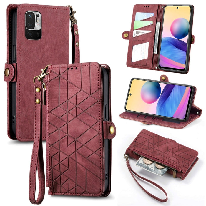 Estuche de teléfono de cuero con hebilla lateral de billetera con cremallera geométrica, For Xiaomi Redmi 12, For Xiaomi Redmi Note 12S, For Xiaomi Redmi Note 12 4G, For Redmi Note 12 Turbo, For Xiaomi Redmi Note 12 5G, For Xiaomi Redmi 12C            ...