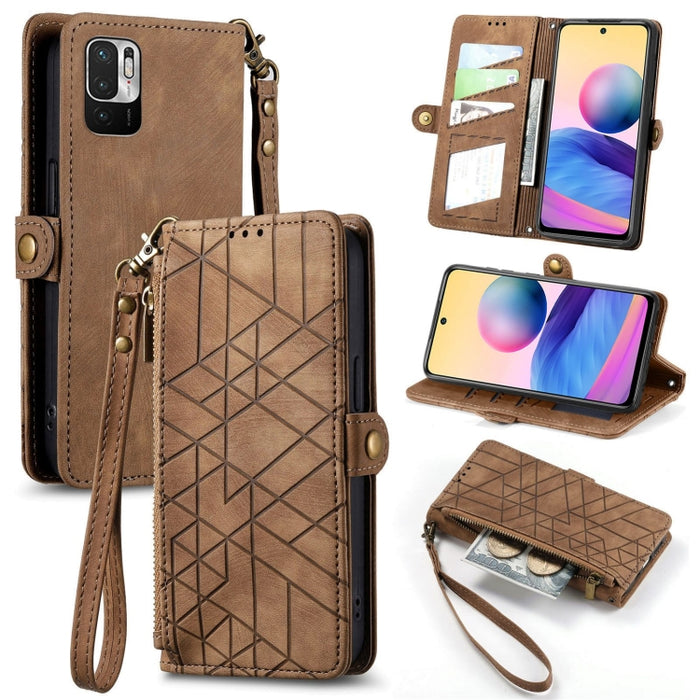 Estuche de teléfono de cuero con hebilla lateral de billetera con cremallera geométrica, For Xiaomi Redmi 12, For Xiaomi Redmi Note 12S, For Xiaomi Redmi Note 12 4G, For Redmi Note 12 Turbo, For Xiaomi Redmi Note 12 5G, For Xiaomi Redmi 12C            ...