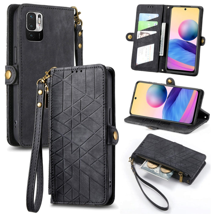 Estuche de teléfono de cuero con hebilla lateral de billetera con cremallera geométrica, For Xiaomi Redmi 12, For Xiaomi Redmi Note 12S, For Xiaomi Redmi Note 12 4G, For Redmi Note 12 Turbo, For Xiaomi Redmi Note 12 5G, For Xiaomi Redmi 12C            ...