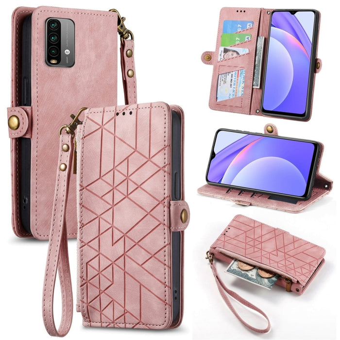 Estuche de teléfono de cuero con hebilla lateral de billetera con cremallera geométrica, For Xiaomi Redmi K40, For Xiaomi Redmi Note 9 4G, For Xiaomi Redmi 9A, For Xiaomi Redmi 9, For Xiaomi Redmi 9C, For Xiaomi Redmi Note 9, For Xiaomi Redmi K30 Pro  ...