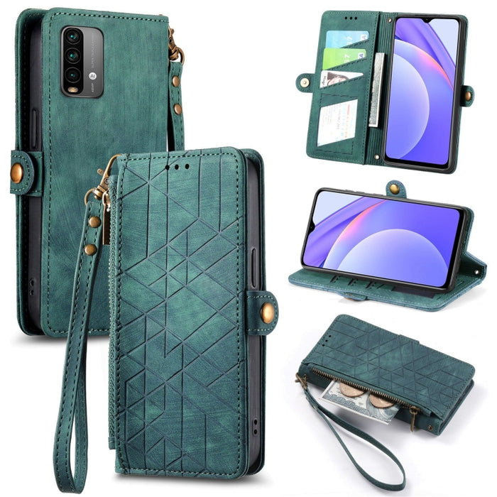 Estuche de teléfono de cuero con hebilla lateral de billetera con cremallera geométrica, For Xiaomi Redmi K40, For Xiaomi Redmi Note 9 4G, For Xiaomi Redmi 9A, For Xiaomi Redmi 9, For Xiaomi Redmi 9C, For Xiaomi Redmi Note 9, For Xiaomi Redmi K30 Pro  ...