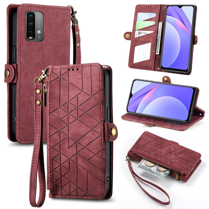 Estuche de teléfono de cuero con hebilla lateral de billetera con cremallera geométrica, For Xiaomi Redmi K40, For Xiaomi Redmi Note 9 4G, For Xiaomi Redmi 9A, For Xiaomi Redmi 9, For Xiaomi Redmi 9C, For Xiaomi Redmi Note 9, For Xiaomi Redmi K30 Pro  ...