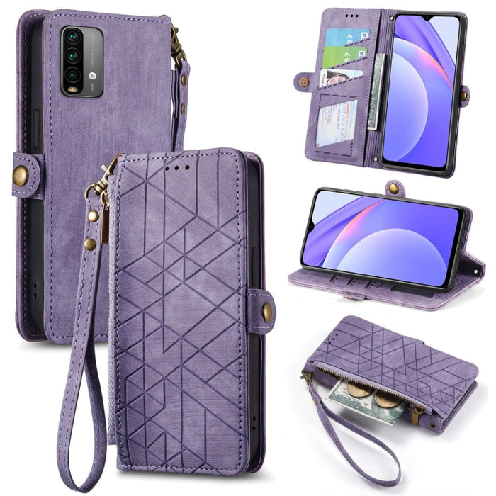 Estuche de teléfono de cuero con hebilla lateral de billetera con cremallera geométrica, For Xiaomi Redmi K40, For Xiaomi Redmi Note 9 4G, For Xiaomi Redmi 9A, For Xiaomi Redmi 9, For Xiaomi Redmi 9C, For Xiaomi Redmi Note 9, For Xiaomi Redmi K30 Pro  ...