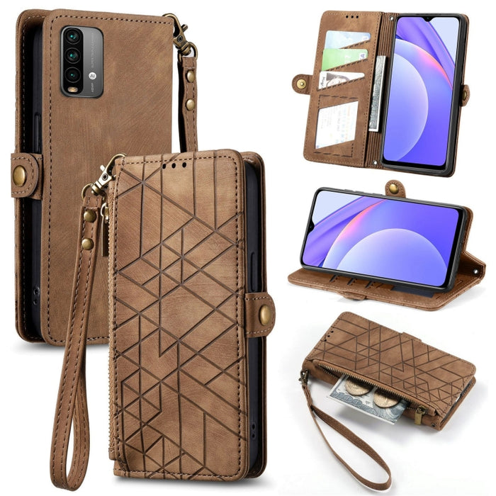 Estuche de teléfono de cuero con hebilla lateral de billetera con cremallera geométrica, For Xiaomi Redmi K40, For Xiaomi Redmi Note 9 4G, For Xiaomi Redmi 9A, For Xiaomi Redmi 9, For Xiaomi Redmi 9C, For Xiaomi Redmi Note 9, For Xiaomi Redmi K30 Pro  ...