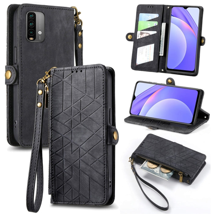 Estuche de teléfono de cuero con hebilla lateral de billetera con cremallera geométrica, For Xiaomi Redmi K40, For Xiaomi Redmi Note 9 4G, For Xiaomi Redmi 9A, For Xiaomi Redmi 9, For Xiaomi Redmi 9C, For Xiaomi Redmi Note 9, For Xiaomi Redmi K30 Pro  ...