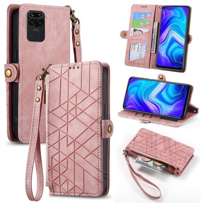 Estuche de teléfono de cuero con hebilla lateral de billetera con cremallera geométrica, For Xiaomi Redmi K40, For Xiaomi Redmi Note 9 4G, For Xiaomi Redmi 9A, For Xiaomi Redmi 9, For Xiaomi Redmi 9C, For Xiaomi Redmi Note 9, For Xiaomi Redmi K30 Pro  ...