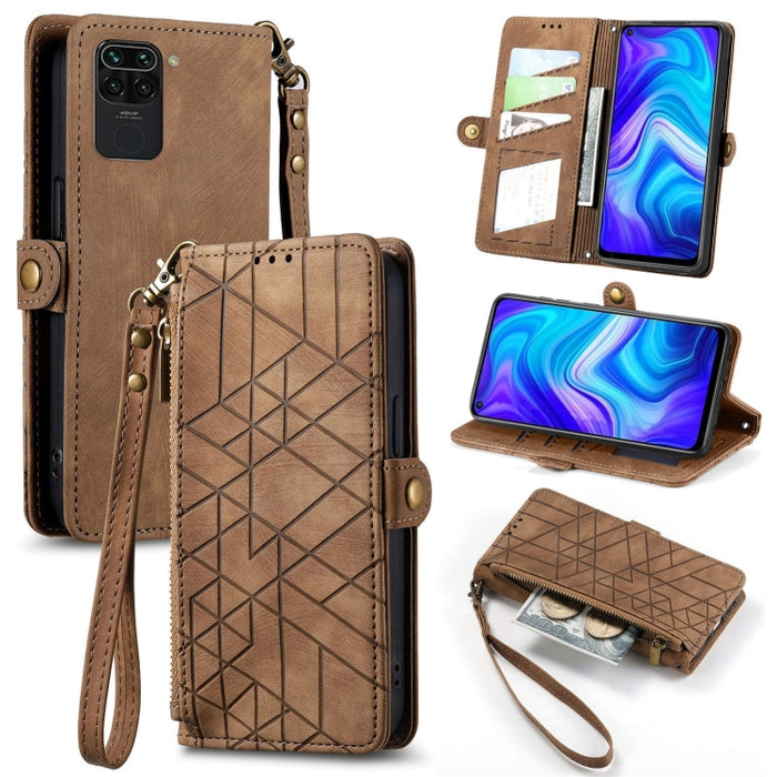 Estuche de teléfono de cuero con hebilla lateral de billetera con cremallera geométrica, For Xiaomi Redmi K40, For Xiaomi Redmi Note 9 4G, For Xiaomi Redmi 9A, For Xiaomi Redmi 9, For Xiaomi Redmi 9C, For Xiaomi Redmi Note 9, For Xiaomi Redmi K30 Pro  ...