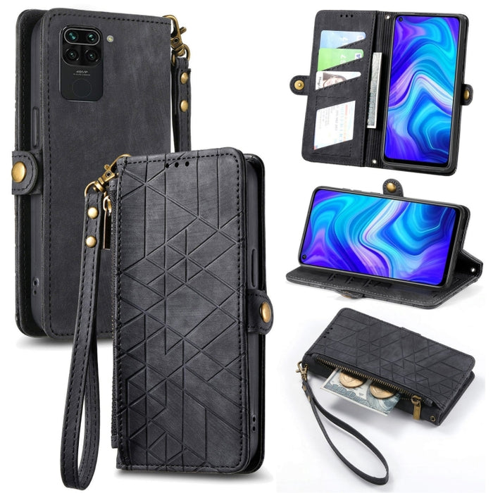 Estuche de teléfono de cuero con hebilla lateral de billetera con cremallera geométrica, For Xiaomi Redmi K40, For Xiaomi Redmi Note 9 4G, For Xiaomi Redmi 9A, For Xiaomi Redmi 9, For Xiaomi Redmi 9C, For Xiaomi Redmi Note 9, For Xiaomi Redmi K30 Pro  ...