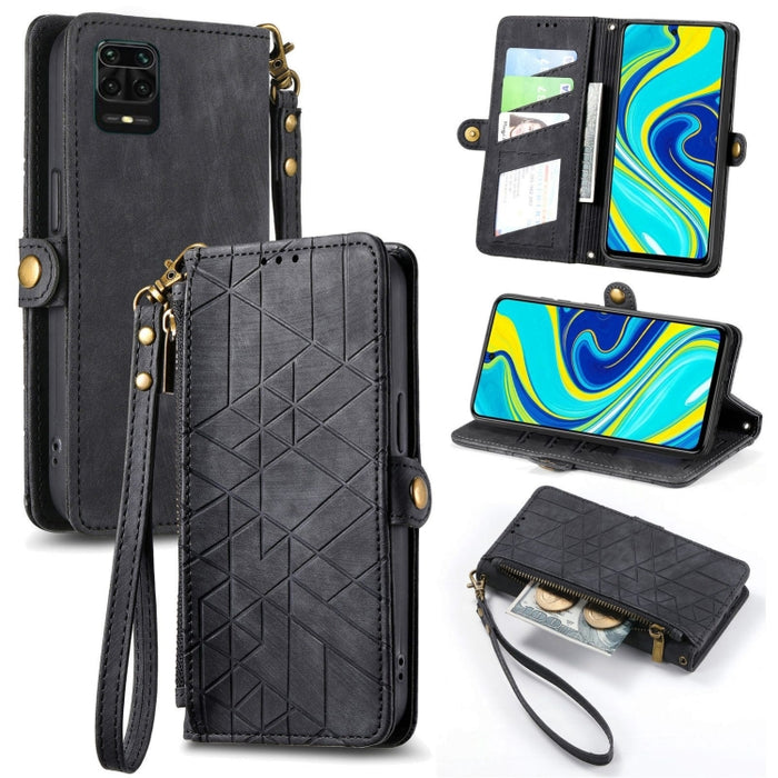 Estuche de teléfono de cuero con hebilla lateral de billetera con cremallera geométrica, For Xiaomi Redmi K40, For Xiaomi Redmi Note 9 4G, For Xiaomi Redmi 9A, For Xiaomi Redmi 9, For Xiaomi Redmi 9C, For Xiaomi Redmi Note 9, For Xiaomi Redmi K30 Pro  ...
