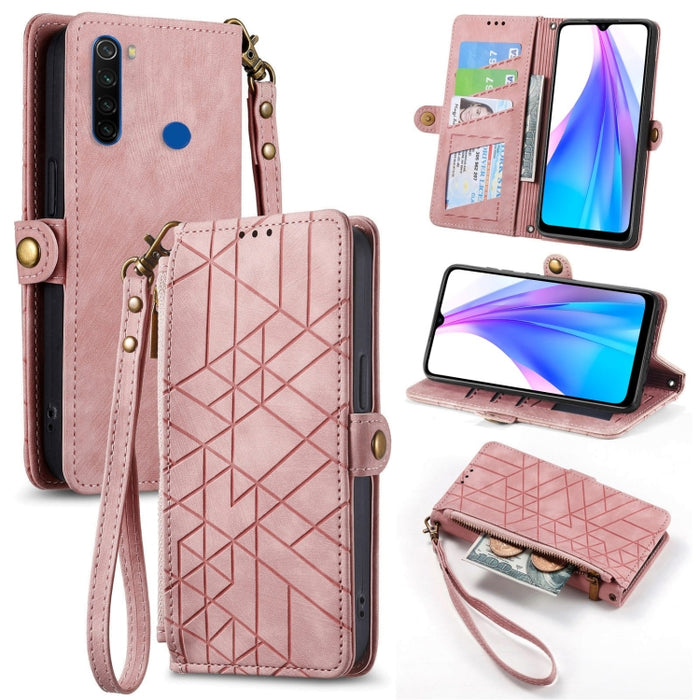 Estuche de teléfono de cuero con hebilla lateral de billetera con cremallera geométrica, For Xiaomi Redmi K40, For Xiaomi Redmi Note 9 4G, For Xiaomi Redmi 9A, For Xiaomi Redmi 9, For Xiaomi Redmi 9C, For Xiaomi Redmi Note 9, For Xiaomi Redmi K30 Pro  ...