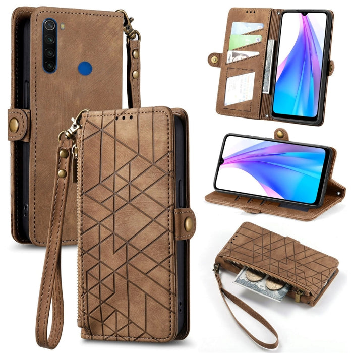 Estuche de teléfono de cuero con hebilla lateral de billetera con cremallera geométrica, For Xiaomi Redmi K40, For Xiaomi Redmi Note 9 4G, For Xiaomi Redmi 9A, For Xiaomi Redmi 9, For Xiaomi Redmi 9C, For Xiaomi Redmi Note 9, For Xiaomi Redmi K30 Pro  ...