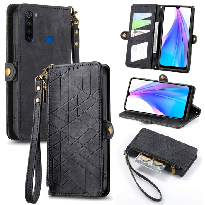 Estuche de teléfono de cuero con hebilla lateral de billetera con cremallera geométrica, For Xiaomi Redmi K40, For Xiaomi Redmi Note 9 4G, For Xiaomi Redmi 9A, For Xiaomi Redmi 9, For Xiaomi Redmi 9C, For Xiaomi Redmi Note 9, For Xiaomi Redmi K30 Pro  ...