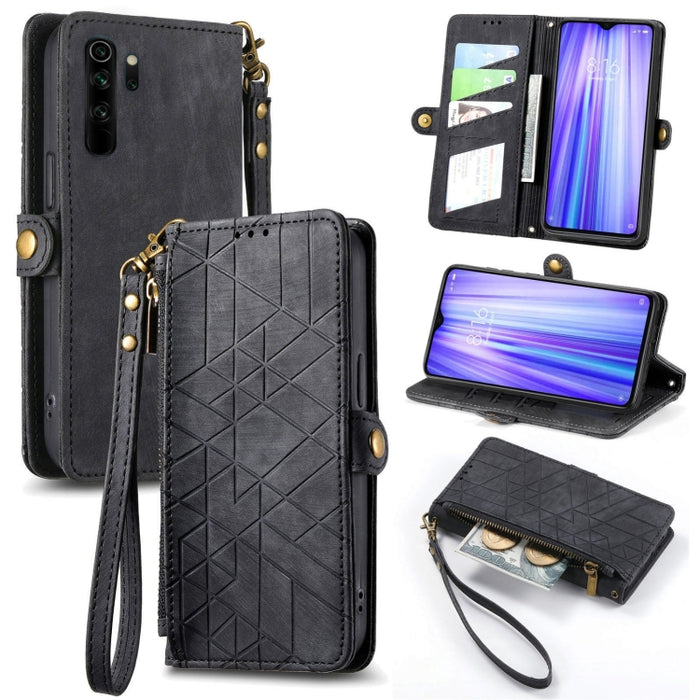Estuche de teléfono de cuero con hebilla lateral de billetera con cremallera geométrica, For Xiaomi Redmi K40, For Xiaomi Redmi Note 9 4G, For Xiaomi Redmi 9A, For Xiaomi Redmi 9, For Xiaomi Redmi 9C, For Xiaomi Redmi Note 9, For Xiaomi Redmi K30 Pro  ...