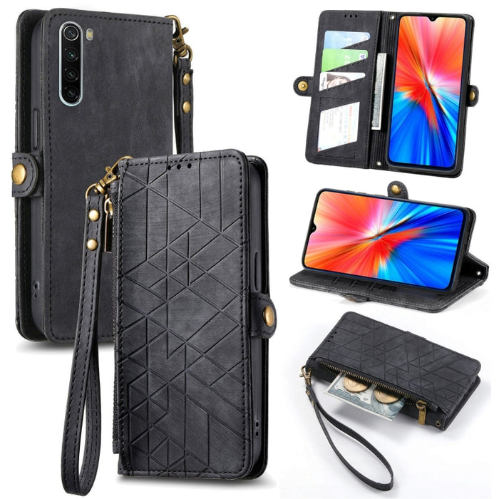 Estuche de teléfono de cuero con hebilla lateral de billetera con cremallera geométrica, For Xiaomi Redmi K40, For Xiaomi Redmi Note 9 4G, For Xiaomi Redmi 9A, For Xiaomi Redmi 9, For Xiaomi Redmi 9C, For Xiaomi Redmi Note 9, For Xiaomi Redmi K30 Pro  ...