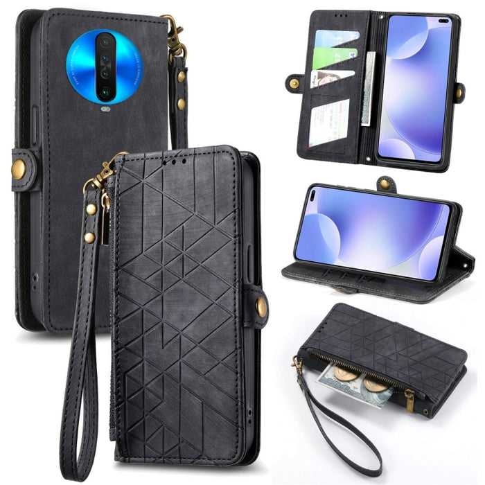 Estuche de teléfono de cuero con hebilla lateral de billetera con cremallera geométrica, For Xiaomi Redmi K40, For Xiaomi Redmi Note 9 4G, For Xiaomi Redmi 9A, For Xiaomi Redmi 9, For Xiaomi Redmi 9C, For Xiaomi Redmi Note 9, For Xiaomi Redmi K30 Pro  ...