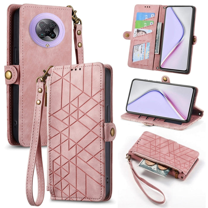 Estuche de teléfono de cuero con hebilla lateral de billetera con cremallera geométrica, For Xiaomi Redmi K40, For Xiaomi Redmi Note 9 4G, For Xiaomi Redmi 9A, For Xiaomi Redmi 9, For Xiaomi Redmi 9C, For Xiaomi Redmi Note 9, For Xiaomi Redmi K30 Pro  ...