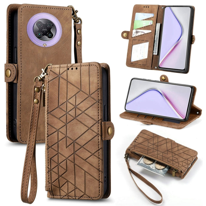 Estuche de teléfono de cuero con hebilla lateral de billetera con cremallera geométrica, For Xiaomi Redmi K40, For Xiaomi Redmi Note 9 4G, For Xiaomi Redmi 9A, For Xiaomi Redmi 9, For Xiaomi Redmi 9C, For Xiaomi Redmi Note 9, For Xiaomi Redmi K30 Pro  ...