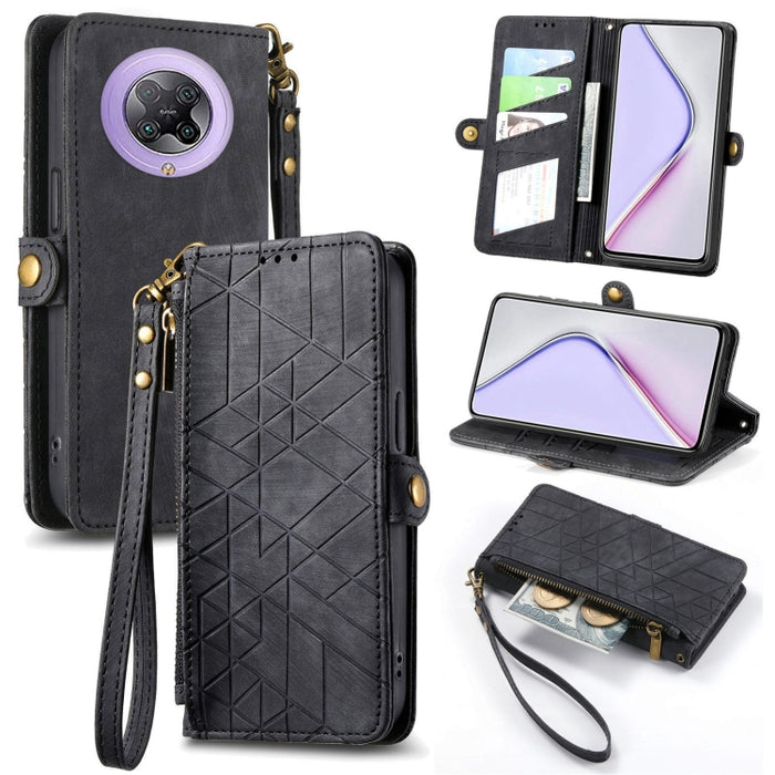 Estuche de teléfono de cuero con hebilla lateral de billetera con cremallera geométrica, For Xiaomi Redmi K40, For Xiaomi Redmi Note 9 4G, For Xiaomi Redmi 9A, For Xiaomi Redmi 9, For Xiaomi Redmi 9C, For Xiaomi Redmi Note 9, For Xiaomi Redmi K30 Pro  ...