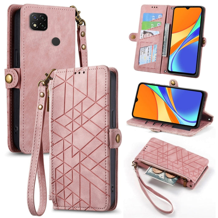 Estuche de teléfono de cuero con hebilla lateral de billetera con cremallera geométrica, For Xiaomi Redmi K40, For Xiaomi Redmi Note 9 4G, For Xiaomi Redmi 9A, For Xiaomi Redmi 9, For Xiaomi Redmi 9C, For Xiaomi Redmi Note 9, For Xiaomi Redmi K30 Pro  ...