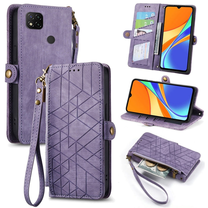 Estuche de teléfono de cuero con hebilla lateral de billetera con cremallera geométrica, For Xiaomi Redmi K40, For Xiaomi Redmi Note 9 4G, For Xiaomi Redmi 9A, For Xiaomi Redmi 9, For Xiaomi Redmi 9C, For Xiaomi Redmi Note 9, For Xiaomi Redmi K30 Pro  ...
