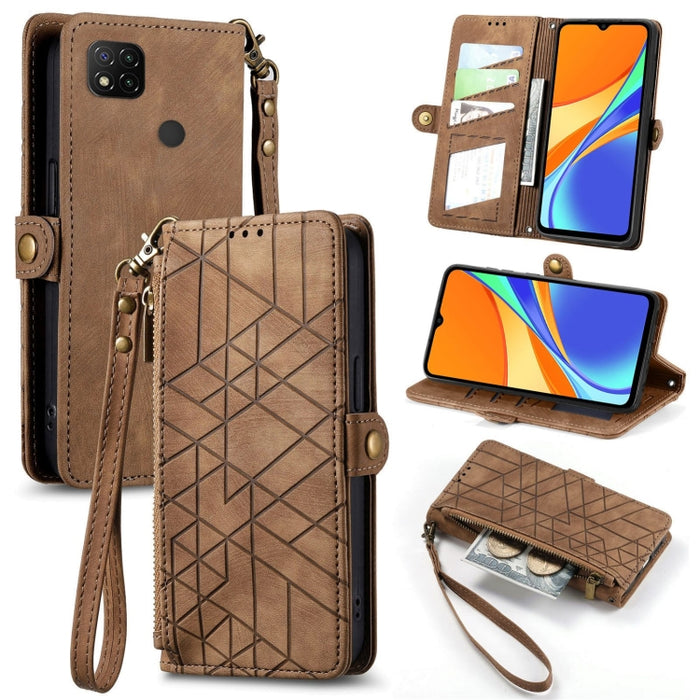 Estuche de teléfono de cuero con hebilla lateral de billetera con cremallera geométrica, For Xiaomi Redmi K40, For Xiaomi Redmi Note 9 4G, For Xiaomi Redmi 9A, For Xiaomi Redmi 9, For Xiaomi Redmi 9C, For Xiaomi Redmi Note 9, For Xiaomi Redmi K30 Pro  ...
