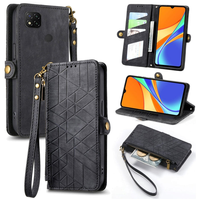 Estuche de teléfono de cuero con hebilla lateral de billetera con cremallera geométrica, For Xiaomi Redmi K40, For Xiaomi Redmi Note 9 4G, For Xiaomi Redmi 9A, For Xiaomi Redmi 9, For Xiaomi Redmi 9C, For Xiaomi Redmi Note 9, For Xiaomi Redmi K30 Pro  ...