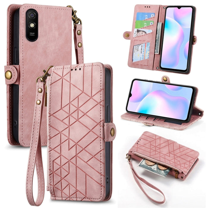 Estuche de teléfono de cuero con hebilla lateral de billetera con cremallera geométrica, For Xiaomi Redmi K40, For Xiaomi Redmi Note 9 4G, For Xiaomi Redmi 9A, For Xiaomi Redmi 9, For Xiaomi Redmi 9C, For Xiaomi Redmi Note 9, For Xiaomi Redmi K30 Pro  ...