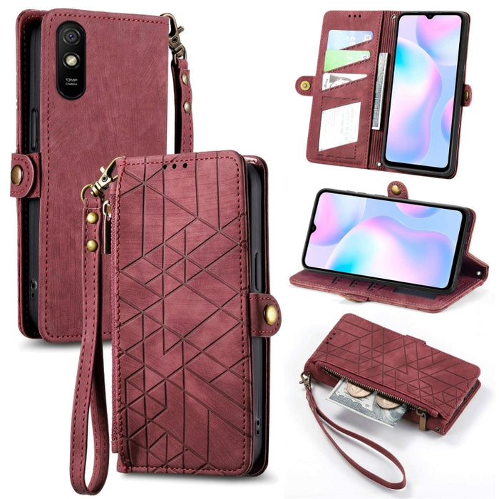 Estuche de teléfono de cuero con hebilla lateral de billetera con cremallera geométrica, For Xiaomi Redmi K40, For Xiaomi Redmi Note 9 4G, For Xiaomi Redmi 9A, For Xiaomi Redmi 9, For Xiaomi Redmi 9C, For Xiaomi Redmi Note 9, For Xiaomi Redmi K30 Pro  ...