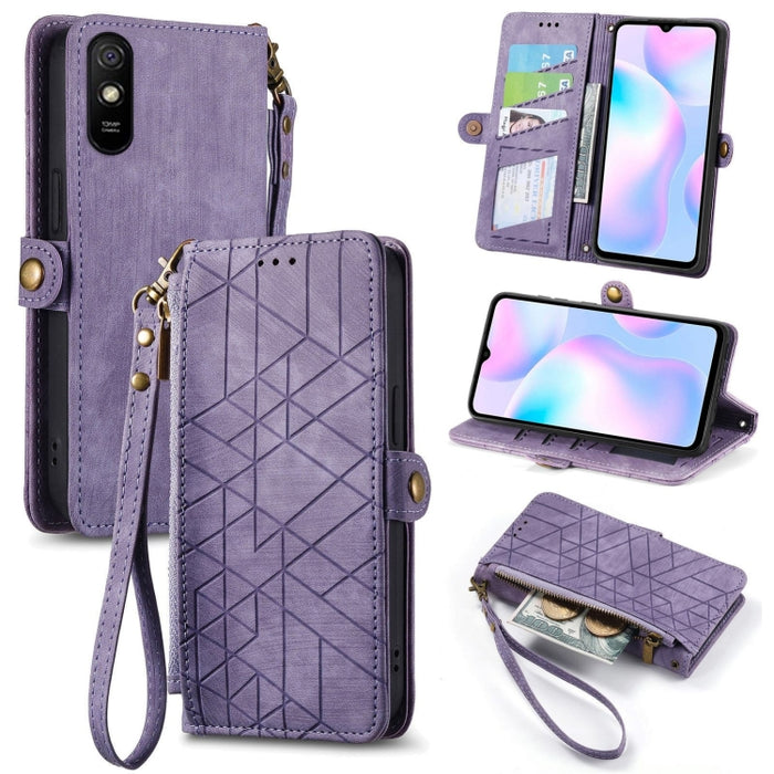 Estuche de teléfono de cuero con hebilla lateral de billetera con cremallera geométrica, For Xiaomi Redmi K40, For Xiaomi Redmi Note 9 4G, For Xiaomi Redmi 9A, For Xiaomi Redmi 9, For Xiaomi Redmi 9C, For Xiaomi Redmi Note 9, For Xiaomi Redmi K30 Pro  ...