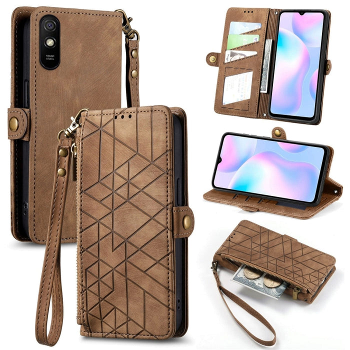 Estuche de teléfono de cuero con hebilla lateral de billetera con cremallera geométrica, For Xiaomi Redmi K40, For Xiaomi Redmi Note 9 4G, For Xiaomi Redmi 9A, For Xiaomi Redmi 9, For Xiaomi Redmi 9C, For Xiaomi Redmi Note 9, For Xiaomi Redmi K30 Pro  ...