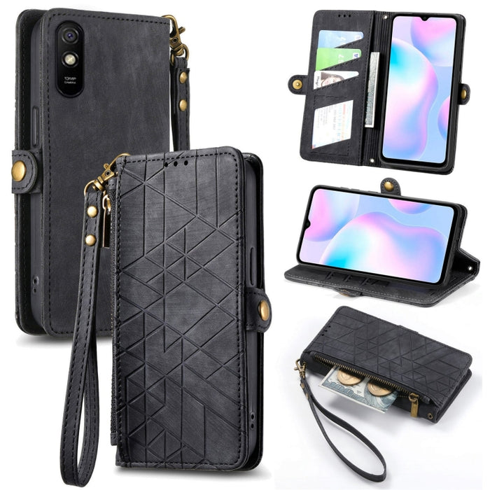 Estuche de teléfono de cuero con hebilla lateral de billetera con cremallera geométrica, For Xiaomi Redmi K40, For Xiaomi Redmi Note 9 4G, For Xiaomi Redmi 9A, For Xiaomi Redmi 9, For Xiaomi Redmi 9C, For Xiaomi Redmi Note 9, For Xiaomi Redmi K30 Pro  ...