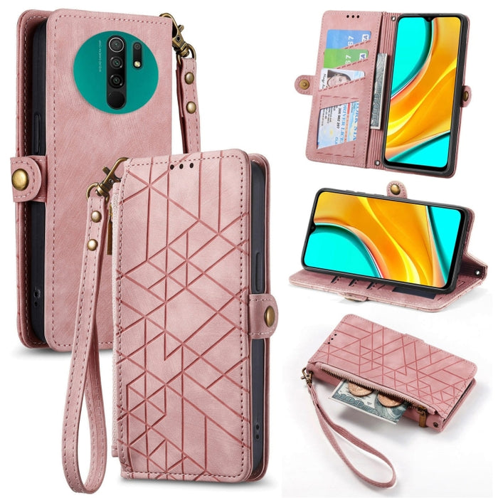 Estuche de teléfono de cuero con hebilla lateral de billetera con cremallera geométrica, For Xiaomi Redmi K40, For Xiaomi Redmi Note 9 4G, For Xiaomi Redmi 9A, For Xiaomi Redmi 9, For Xiaomi Redmi 9C, For Xiaomi Redmi Note 9, For Xiaomi Redmi K30 Pro  ...