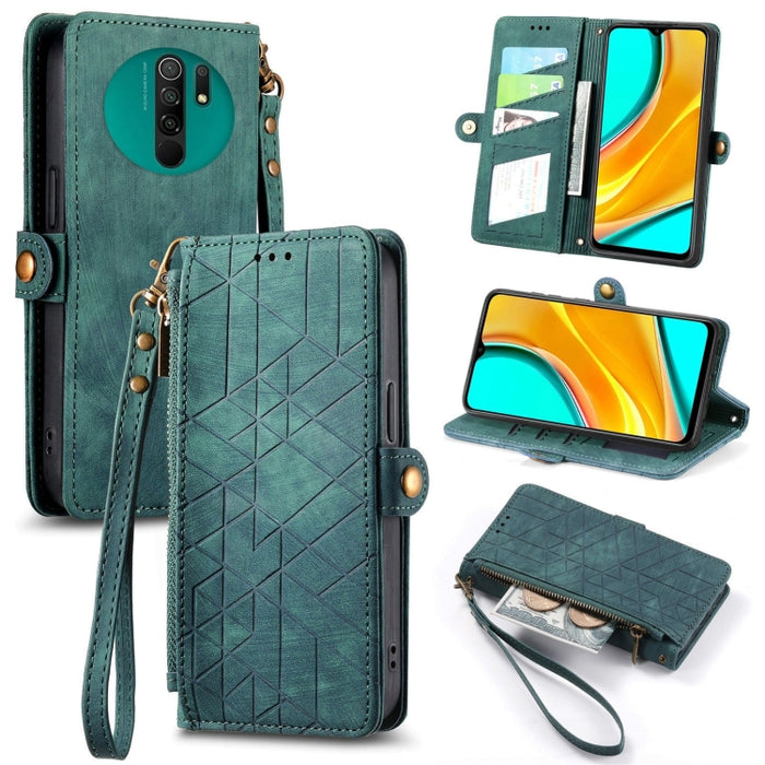 Estuche de teléfono de cuero con hebilla lateral de billetera con cremallera geométrica, For Xiaomi Redmi K40, For Xiaomi Redmi Note 9 4G, For Xiaomi Redmi 9A, For Xiaomi Redmi 9, For Xiaomi Redmi 9C, For Xiaomi Redmi Note 9, For Xiaomi Redmi K30 Pro  ...