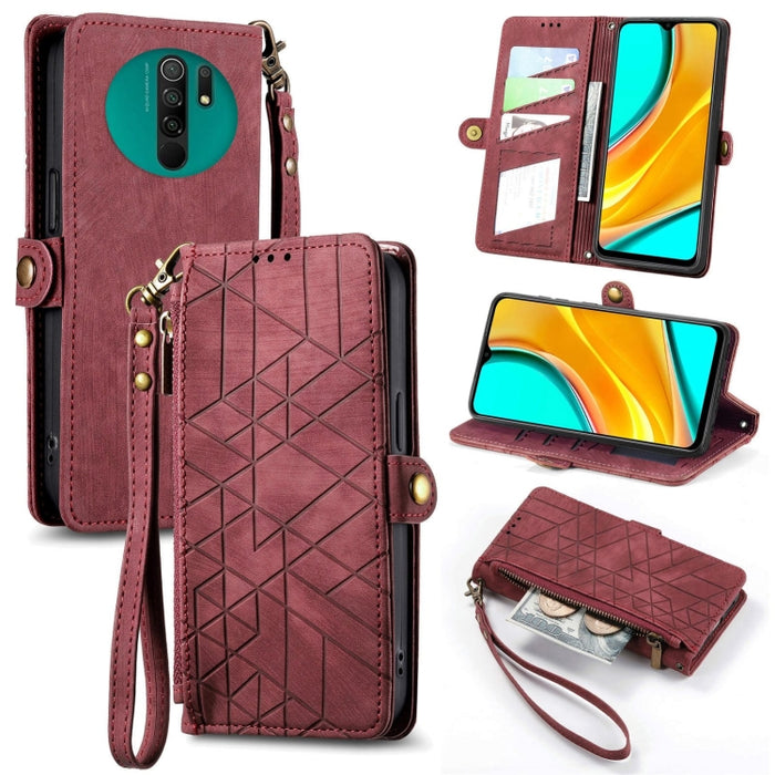 Estuche de teléfono de cuero con hebilla lateral de billetera con cremallera geométrica, For Xiaomi Redmi K40, For Xiaomi Redmi Note 9 4G, For Xiaomi Redmi 9A, For Xiaomi Redmi 9, For Xiaomi Redmi 9C, For Xiaomi Redmi Note 9, For Xiaomi Redmi K30 Pro  ...