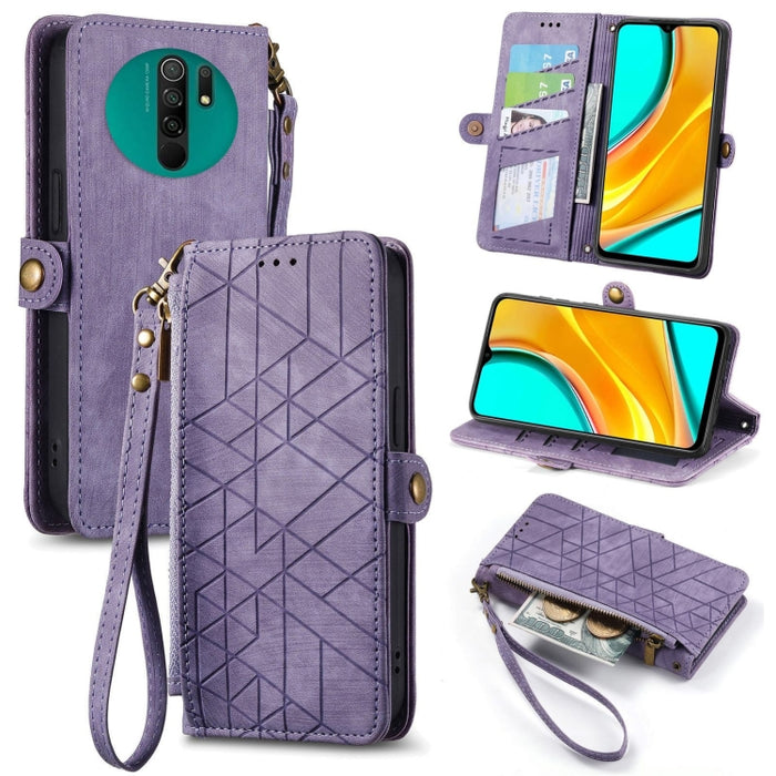 Estuche de teléfono de cuero con hebilla lateral de billetera con cremallera geométrica, For Xiaomi Redmi K40, For Xiaomi Redmi Note 9 4G, For Xiaomi Redmi 9A, For Xiaomi Redmi 9, For Xiaomi Redmi 9C, For Xiaomi Redmi Note 9, For Xiaomi Redmi K30 Pro  ...